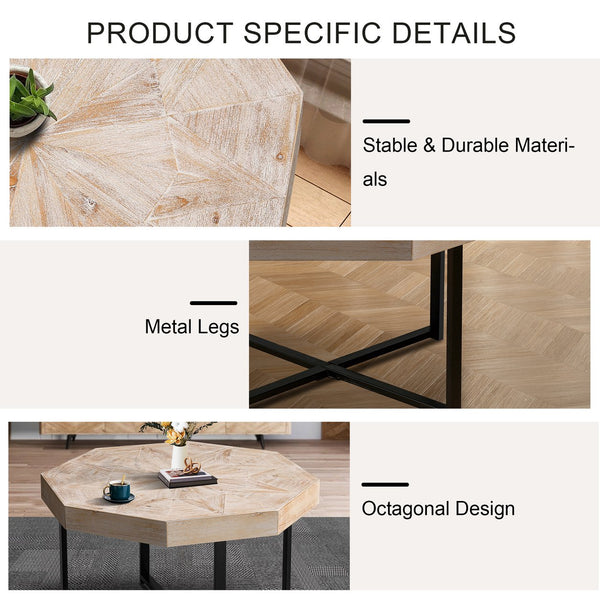 English Elm Wood Octagonal Vintage Patchwork Craft Farmhouse 30-Inch Wooden Table Top with Cross Metal Legs, Stylish Living Room Centerpiece Oak Natural Wood + Antique White W1445P193126
