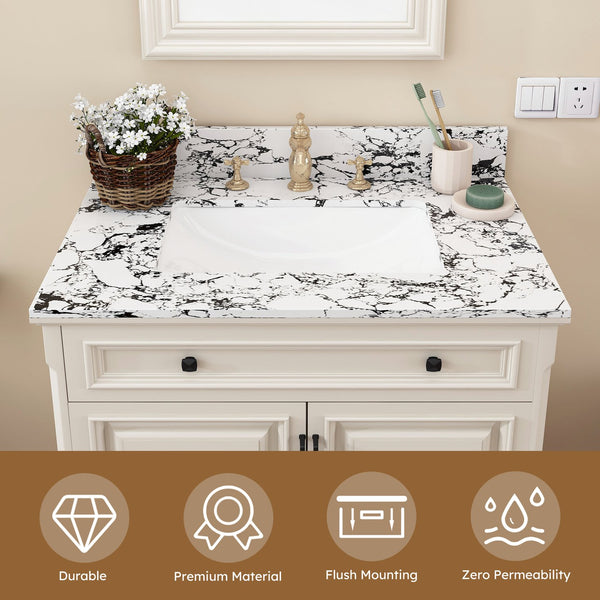 English Elm 31"X22" Bathroom Vanity Top With Undermount Sink, Panda White Artificial Marble, 3 Faucet Holes W509P362104