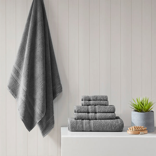JLA Home 510 Design - 100% Turkish Cotton Aegean 6-Piece Towel Set – 500gsm lightweight, quick-dry, SILVADUR™ antimicrobial protection Charcoal 5DS73-0233