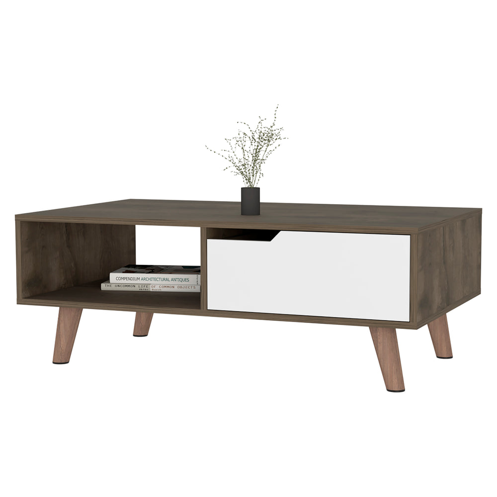 English Elm Hamburg Modern Coffee Table 2.0 – Dark Brown & White, Spacious Top, Open Shelf & Drawer Storage B128P148918