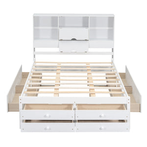 English Elm Queen Platform Bed with Built-In Headboard Storage and 8 Drawers, Solid Wood MDF, Sturdy Design White GX000453AAK