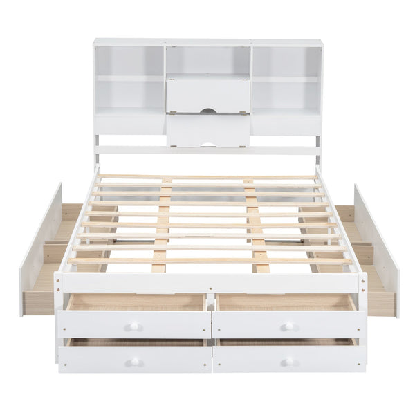 English Elm Queen Platform Bed with Built-In Headboard Storage and 8 Drawers, Solid Wood MDF, Sturdy Design White GX000453AAK
