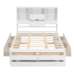 English Elm Queen Platform Bed Solid Pine Frame with Storage Headboard and Eight Organizer Drawers White GX000453AAK-1