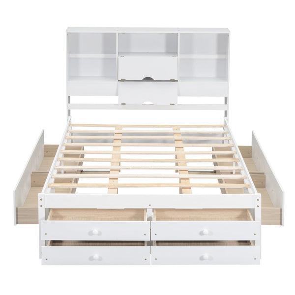 English Elm Queen Platform Bed Solid Pine Frame with Storage Headboard and Eight Organizer Drawers White GX000453AAK-1