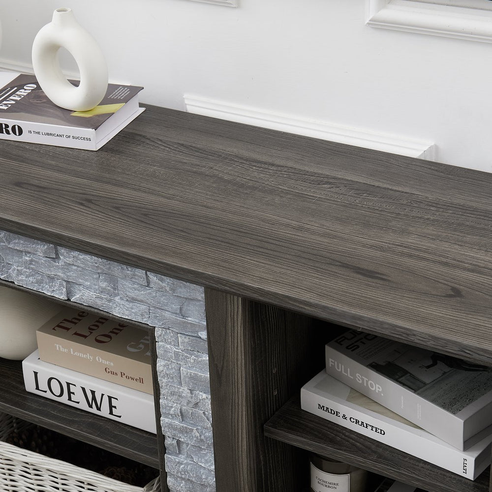 English Elm Mantel Stone TV Media Stand with Faux Stacked Stone Surround, Modern Console with Ample Storage and Cable Management for TVs up to 65" Grey W1758P187683