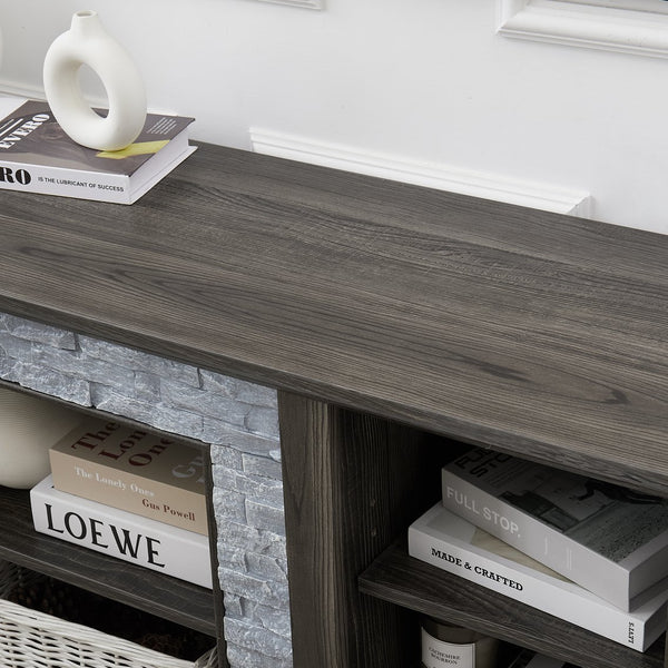 English Elm Mantel Stone TV Media Stand with Faux Stacked Stone Surround, Modern Console with Ample Storage and Cable Management for TVs up to 65" Grey W1758P187683