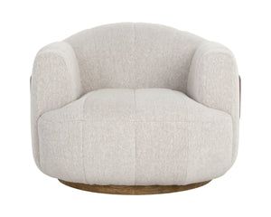 Sunpan TADEO Swivel Armchair - Exquisite Dove Cream Upholstery with Warm Brown Oak Base & Brass Accents 112269