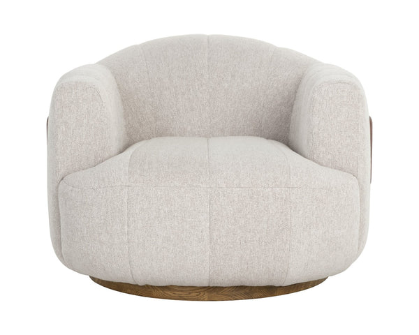 Sunpan TADEO Swivel Armchair - Exquisite Dove Cream Upholstery with Warm Brown Oak Base & Brass Accents 112269