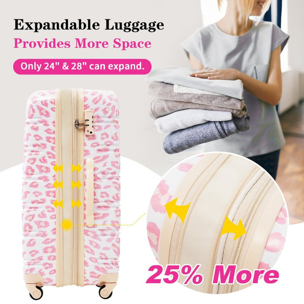 English Elm Hardshell Polycarbonate Luggage Set Three Piece Spinner Suitcases with Tsa Lock Pink Leopard N732P218227U
