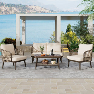 English Elm Christopher Knight Home® - 4-Piece Outdoor Patio Set with Woven Rope U-Back, Steel Frame, Thick Cushions & Acacia Table for Garden Brown+Beige N780P209458R