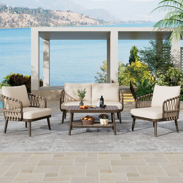 English Elm Christopher Knight Home® - 4-Piece Outdoor Patio Set with Woven Rope U-Back, Steel Frame, Thick Cushions & Acacia Table for Garden Brown+Beige N780P209458R