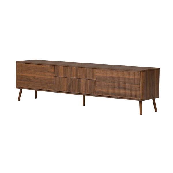 English Elm 70 Inch Fluted Entertainment Center Walnut Finish Solid Wood Legs Soft Close Storage N710P372539P