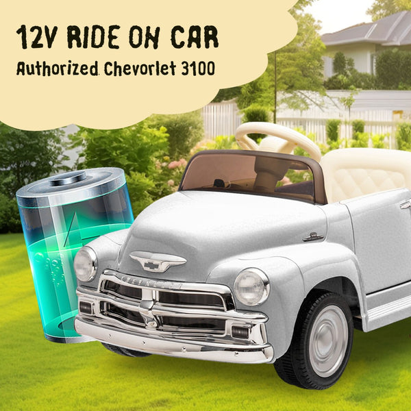 English Elm 12v Chevrolet 3100 Licensed Vintage Pickup Ride on Truck with Led Lights and Parent Remote White W1578P214179