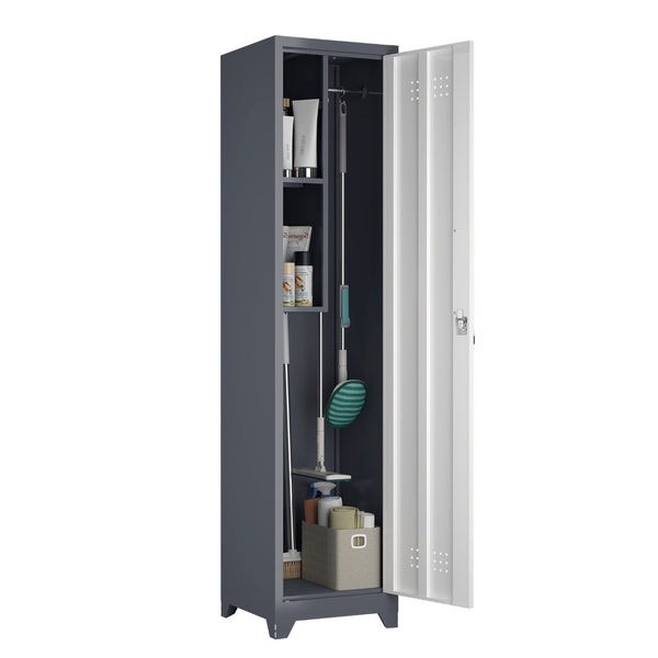 English Elm Metal Slim Broom Cabinet Lockable Steel Storage Unit with Hooks for Utility Spaces T3625P448064