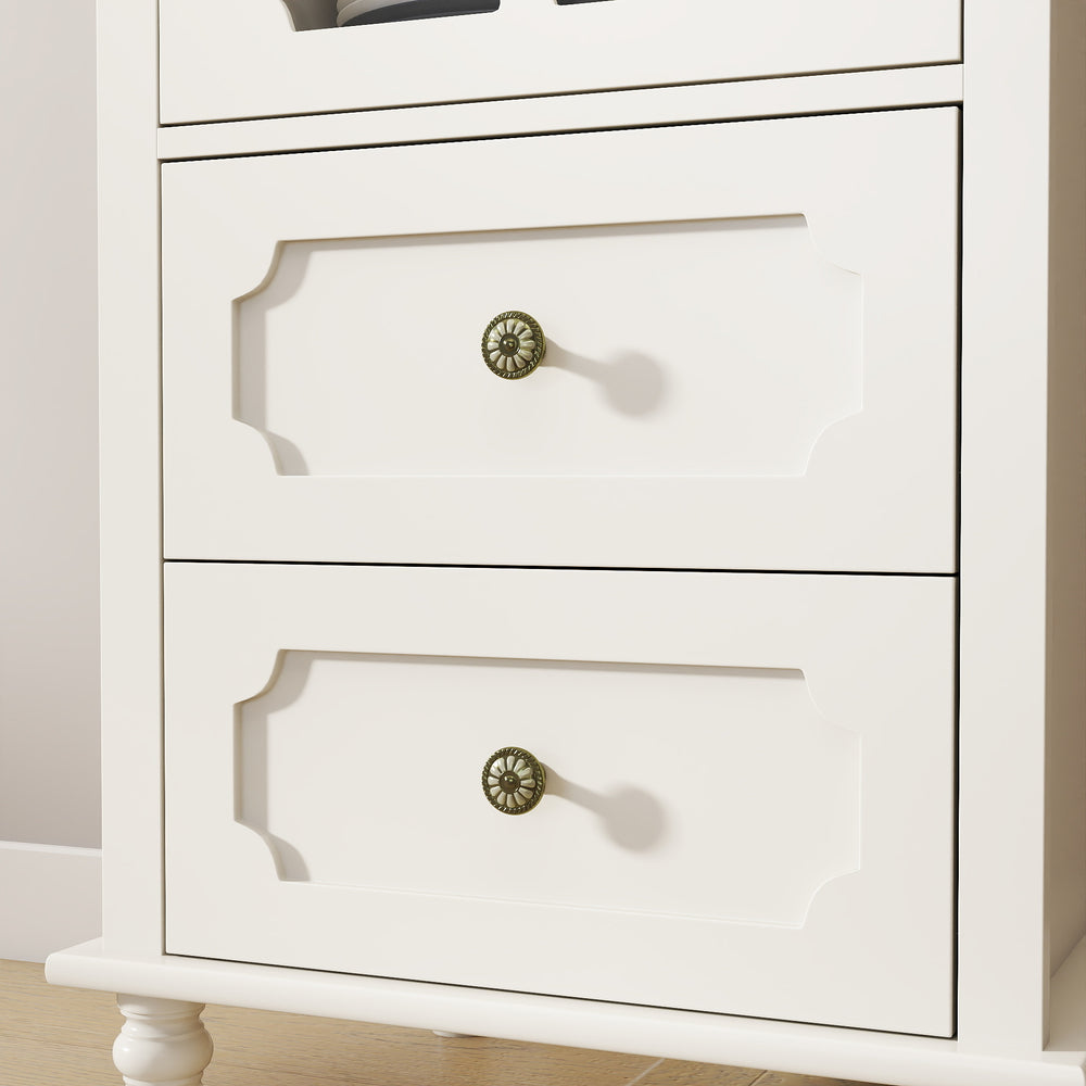 English Elm Minimalism Creamy White Buffet Cabinet with Tempered Glass, Solid Wood Legs, Drawer & Adjustable Shelves (Modern) W2557P347167