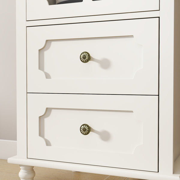 English Elm Minimalism Creamy White Buffet Cabinet with Tempered Glass, Solid Wood Legs, Drawer & Adjustable Shelves (Modern) W2557P347167