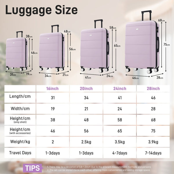 English Elm 6 Piece Hardshell Abs Travel Set with Spinner Wheels Combination Lock and Toiletry Bag Pink Purple N732P391314I