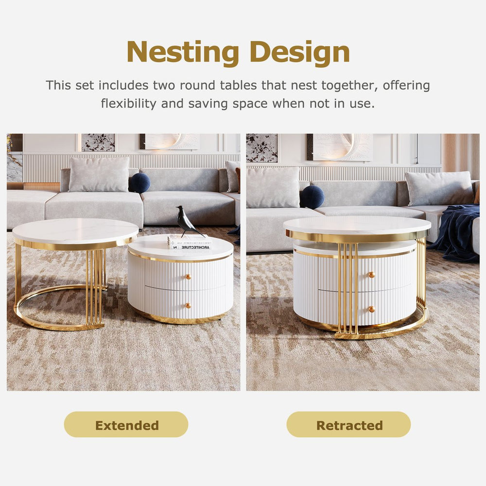 English Elm Modern 2 Pieces White Round Nesting Coffee Table Set with Drawers, Glossy MDF Tops & Gold Legs — Space-Saving Chic WF325924AAK