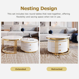 English Elm Modern 2 Pieces White Round Nesting Coffee Table Set with Drawers, Glossy MDF Tops & Gold Legs — Space-Saving Chic WF325924AAK