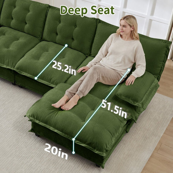 English Elm 138" Chenille Modular Cloud Sectional with Ottoman Deep Seat Lounge Sofa for Apartments Green W714S01732
