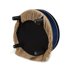 English Elm Jennifer Taylor Home - Yolanda 24" Round Upholstered Ottoman - Luxurious Navy Blue Velvet With Exquisite Gold Trim & Fringe B2719P238162