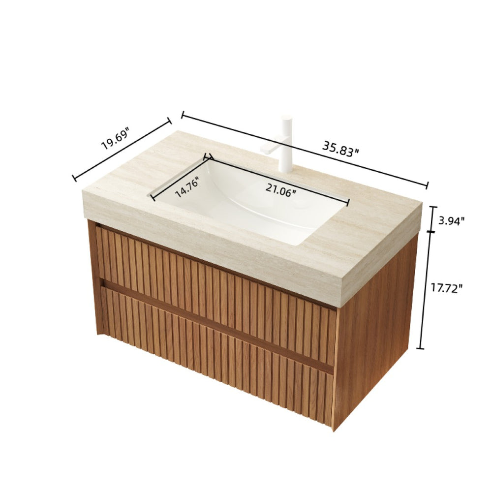 English Elm Tilley 36" Floating Bathroom Vanity With Travertine Top, Ceramic Basin & Soft-Close Drawers, Brown Oak W2615S00231-GIGA