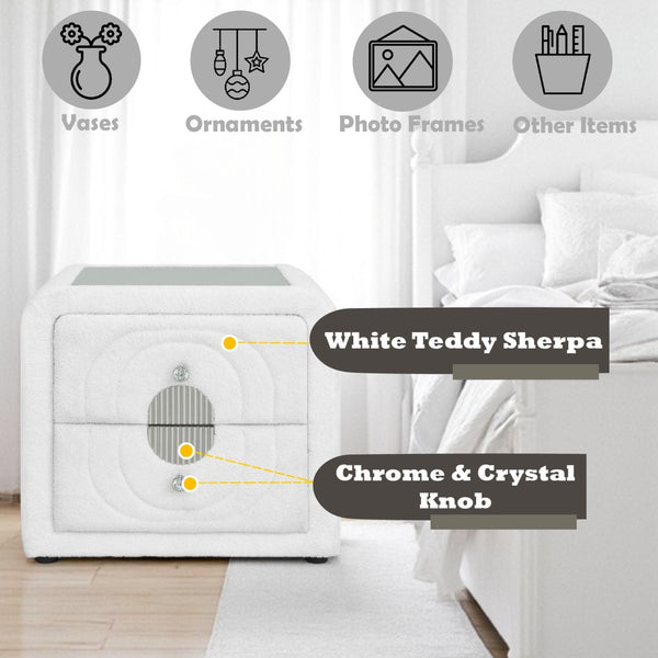 English Elm Shelyn Teddy Sherpa Upholstered Nightstand with Glass Top and Crystal Knob Hardware White B2756P495789
