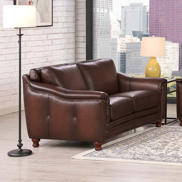 English Elm Belfast Curved Top Grain Leather Loveseat with Nail-Head Trim & Button Tufting for Timeless Elegance B2705P326229