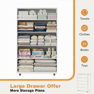 English Elm White Five Drawer Rolling Dresser Melamine Finish Modern Storage for Bedroom or Office B372P420466