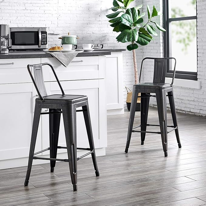 English Elm 24" Sanded Matte Black Industrial Metal Barstools Set of 4 with Bucket Back, 24" Seat, Lightweight Durable Design B347P349309