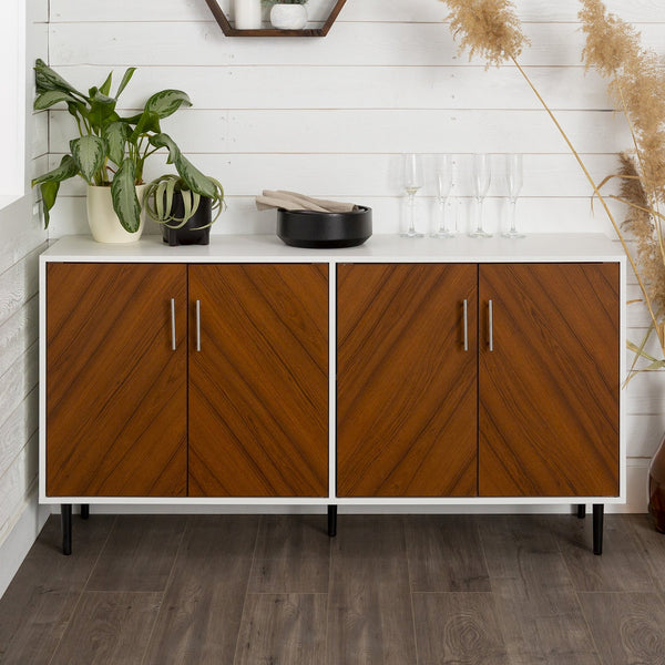 English Elm Walker Edison - Mid-Century Faux-Bookmatch Door Buffet with Metal Legs, Two-Tone Teak/White Storage Console B185P169345