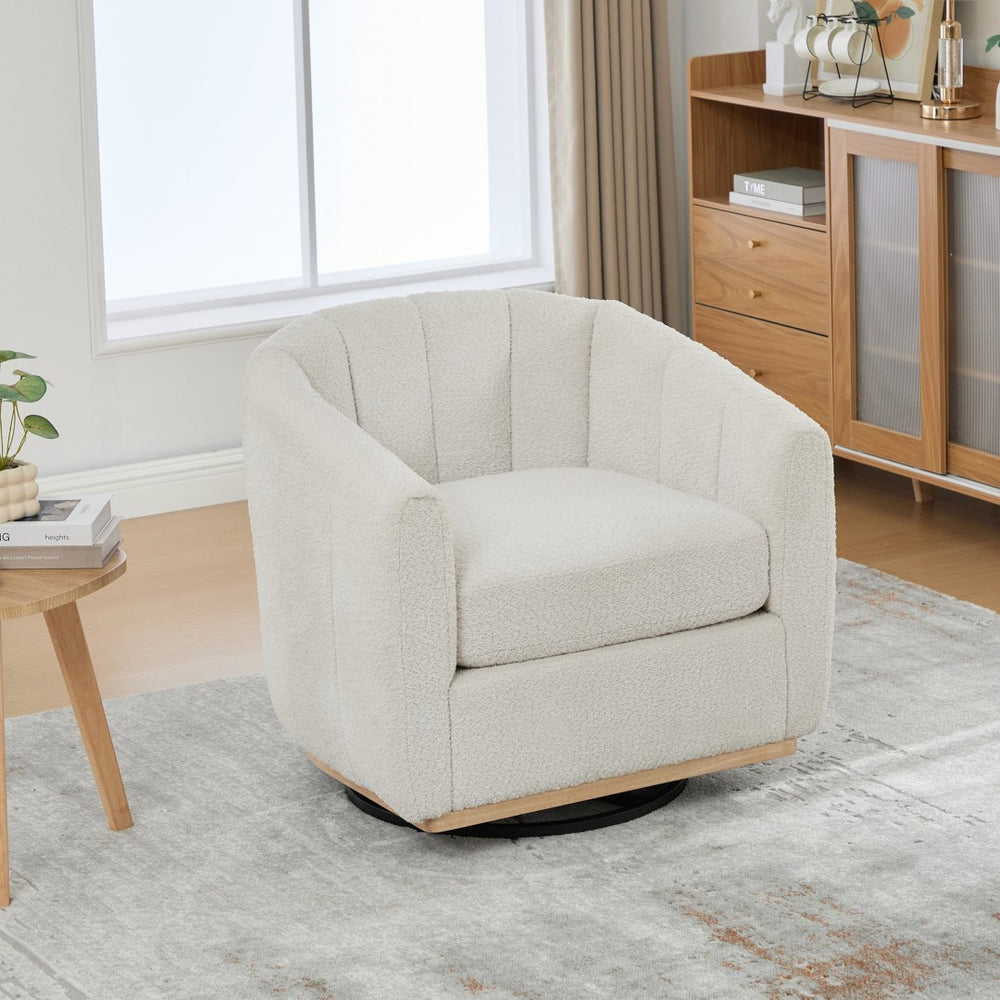 English Elm 31.89 Inch Chenille Tufted Swivel Barrel Armchair Pumpkin Sculpted Design for Living Rooms Ivory W3098P397230