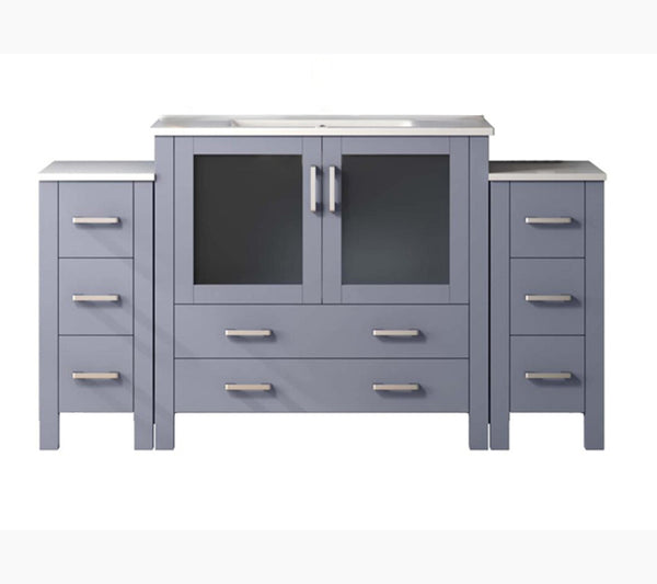 English Elm Dark Grey Bath Vanity 60" W With White Ceramic Top, Side Cabinets & 34" Mirror - Stylish Storage Solution B2731S00961