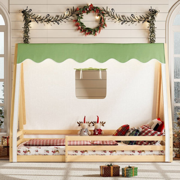 English Elm Twin Montessori Floor Bed Solid Pine Teepee Frame with Guardrails and Canopy Light W1580P369466