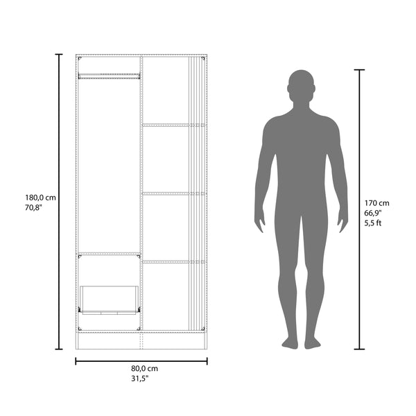 English Elm Pekin Modern Wardrobe Organizer with Double Doors, Shelves, Hanging Rod and Closed Storage Oak B128S00177