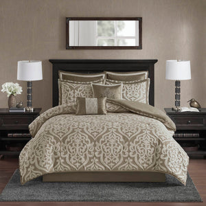 JLA Home Madison Park - 8 Madison Park Odette Jacquard Comforter Set - 8-Piece Damask Medallion Ensemble, Reversible Satin Ground, Machine Washable MP10-6288