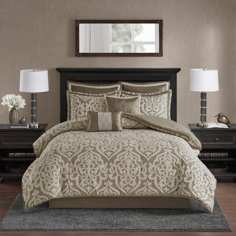 JLA Home Madison Park - 8 Jacquard Comforter Set with Damask Medallion Design, Reversible Satin-Ground Ensemble, Euro Shams & Pillows Tan/Ivory MP10-6287