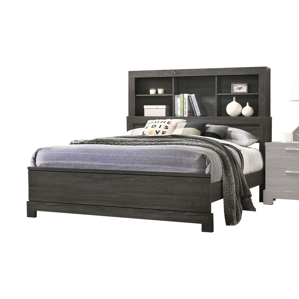 English Elm Lantha Gray Oak Finish Platform Bed with Bookcase Headboard, 5 Open Shelves, Low Profile Frame B2726S00519