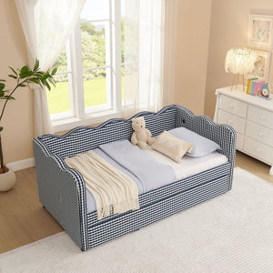 English Elm Cozy Twin Gingham Daybed with Trundle Sofa Bed, Linen Upholstery, USB Port, Wave Frame Design Navy W1413S00101