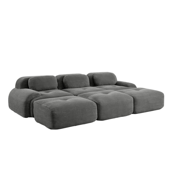 English Elm Three-seat Modular Corduroy Sectional Sofa with Ottomans for Living and Media Rooms Grey W714S01269