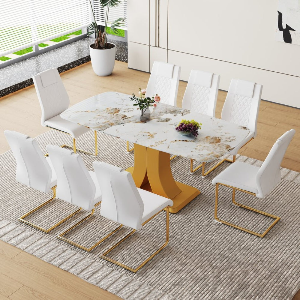 English Elm Table And Chair Set - Luxurious 71" Pandora Glass Top With Gold C-Shaped Legs & 8 White Pu Chairs W1151S03228-GIGA