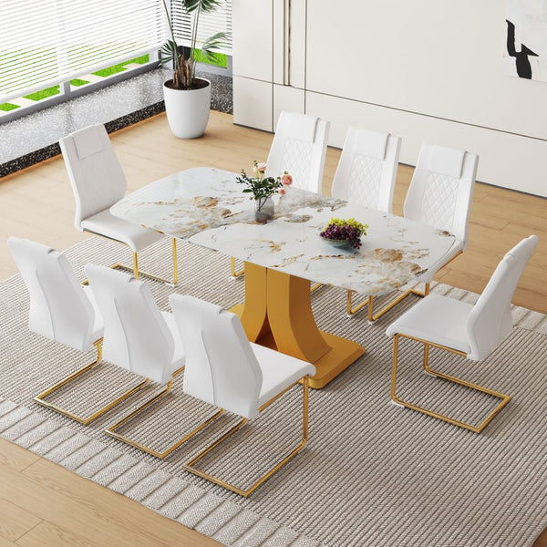 English Elm Table And Chair Set - Luxurious 71" Pandora Glass Top With Gold C-Shaped Legs & 8 White Pu Chairs W1151S03228-GIGA