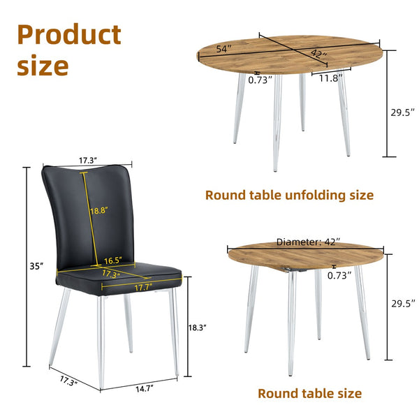 English Elm Table and Chair Set Extendable Round to Oval Wood Grain Mdf with Four Pu Seats W1151S03960