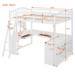 English Elm Full Wood Loft Bed with Wraparound Study Desk Built-in Storage and Vanity Mirror N708S00008K
