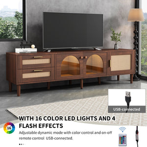 English Elm Rattan Modern TV Stand with 3 Cabinets & 2 Rattan Drawers, LED Light, Cable Management, 80" Capacity, Waterproof MDF Surface WF324225AAP