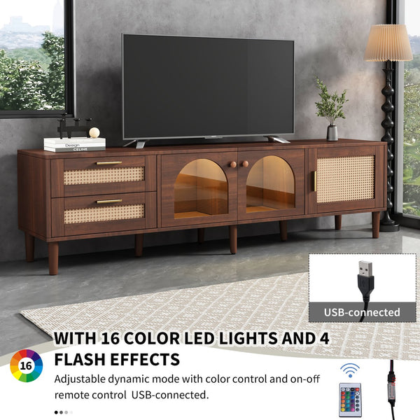 English Elm Rattan Modern TV Stand with 3 Cabinets & 2 Rattan Drawers, LED Light, Cable Management, 80" Capacity, Waterproof MDF Surface WF324225AAP