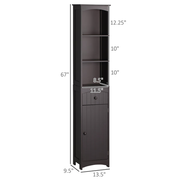 English Elm HOMCOM Tall Bathroom Linen Cabinet – Narrow Free-Standing MDF Tower with 3 Shelves, Drawer, Brown W2225P229566