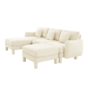 English Elm Boucle U-Shape Sectional Sofa With Shell Armrests & Movable Ottomans - Modern Beige Comfort Piece W3041S00278