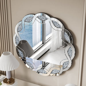 English Elm Silver Wave Frame Round Wall Mirror with Diamond Beveled Facets for Glam Home Decor W1445P370440