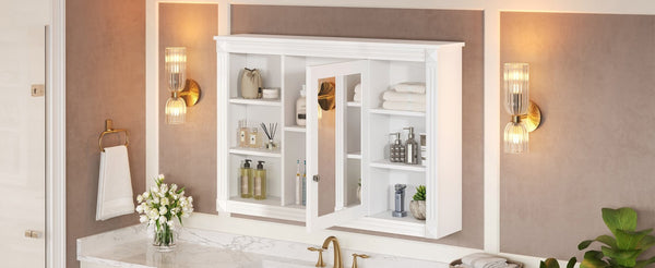 English Elm 42'' Wall Mount Medicine Cabinet White Mdf Mirror Door Six Open Shelves Towel Rod N710P363544K